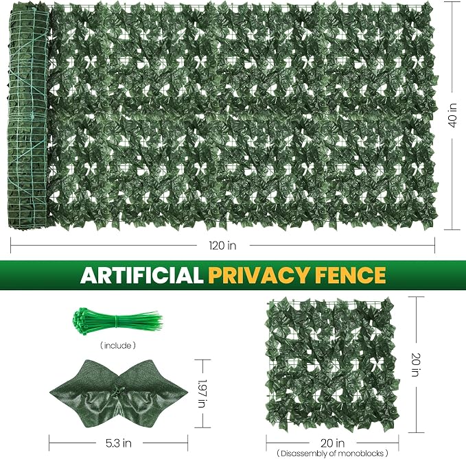 KASZOO Artificial Ivy Privacy Fence Screen, 120x40in Artificial Faux Privacy - Image 2