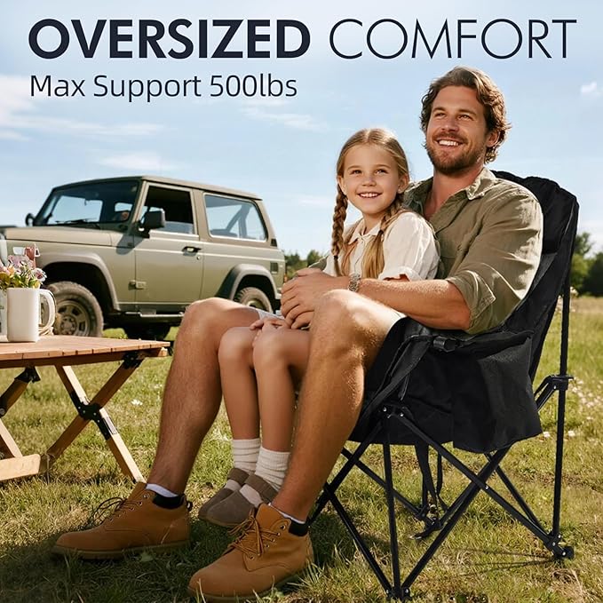 Camping Chair with Steel Frame, Cup Holder and Cooler Bag in Black