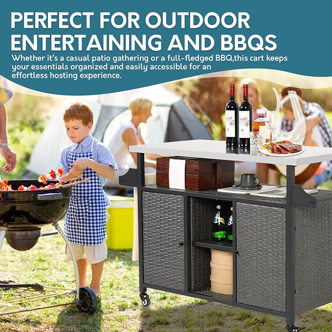 Outdoor Wicker Grill Cart with Storage Cabinet, Outdoor Moveable Bar with - Image 6