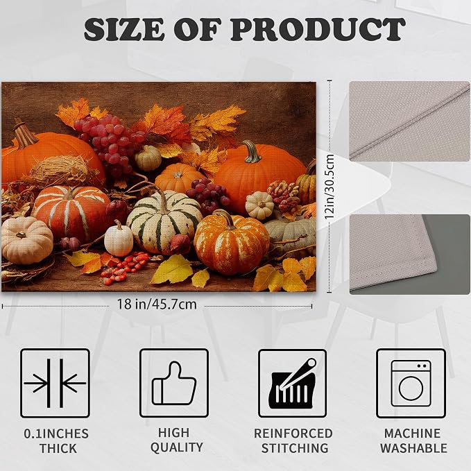 Orange Pumpkins Linen Placemats Set of 6, 12x18 Inch Fall Thanksgiving Washable - Image 2