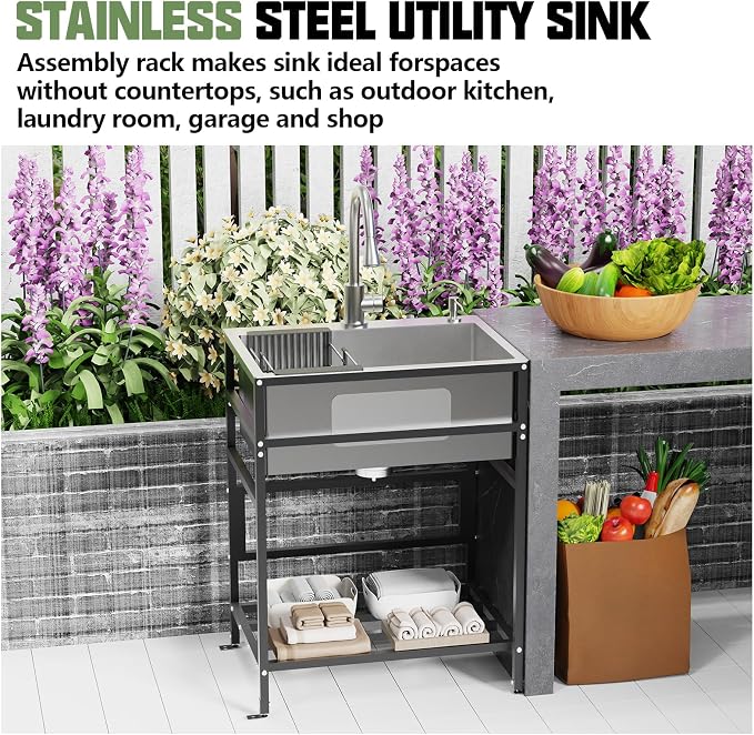 Utility Sink, 25x18 Inch Stainless Steel Freestanding Laundry Sink Practicality - Image 2
