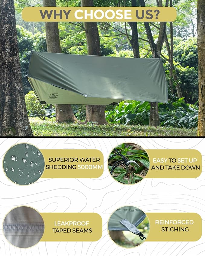 Hammock with Net and Rain Fly, Green Nylon, 500 lb Capacity
