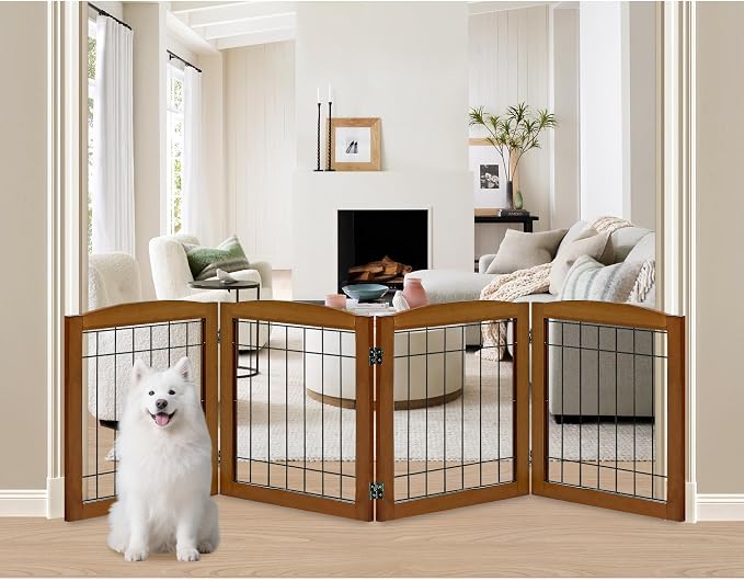 LZRS 4-Panel Extra-Wide Wooden Freestanding Dog Gate: Foldable Solid Wood and by LZRSPET