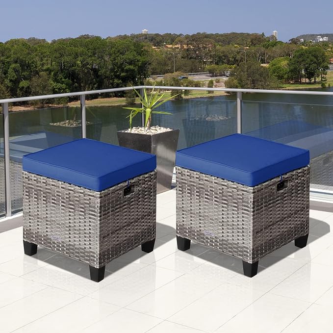Tangkula 2 Pieces Patio Rattan Ottomans, Outdoor Wicker Footstool Footrest Seat - Image 5