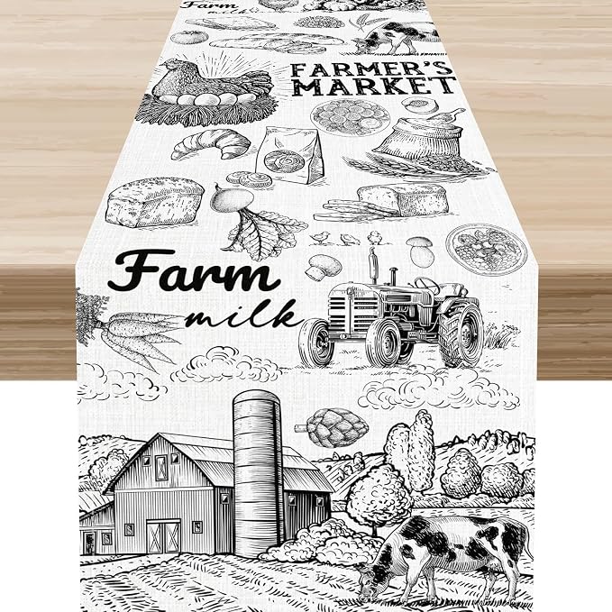 Farm Animals Table Runner, Rustic Farmhouse Cow Pig Rooster Watercolor Coffee by Unknown