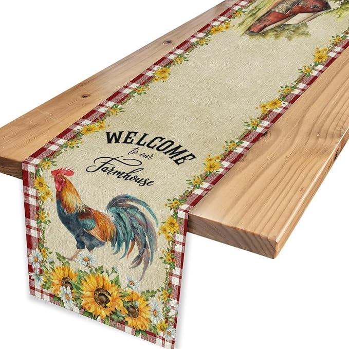 Rooster Table Runner, Farmhouse Red Plaid Sunflower Floral Chicken Farm Cow Pig - Image 4