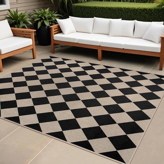 Easy Jute Black Checkered 5x7 Area Rug, Washable Modern Outdoor Rug by Rugalia