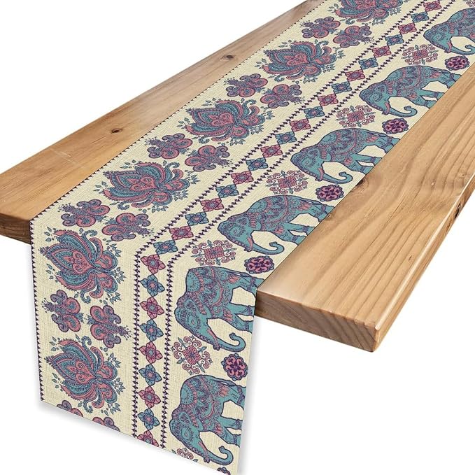Boho Elephant Table Runner, Rustic African Tribe Animal Damask Diwali India - Image 4