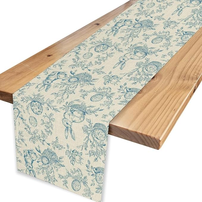 Easter Table Runner, Vintage Blue Beige Bunny Rabbit Easter Eggs Floral Spring - Image 6