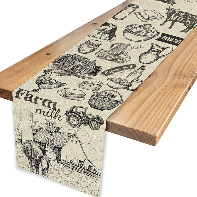 Farm Animals Table Runner, Rustic Farmhouse Rooster Cow Chicken Black Print - Image 4