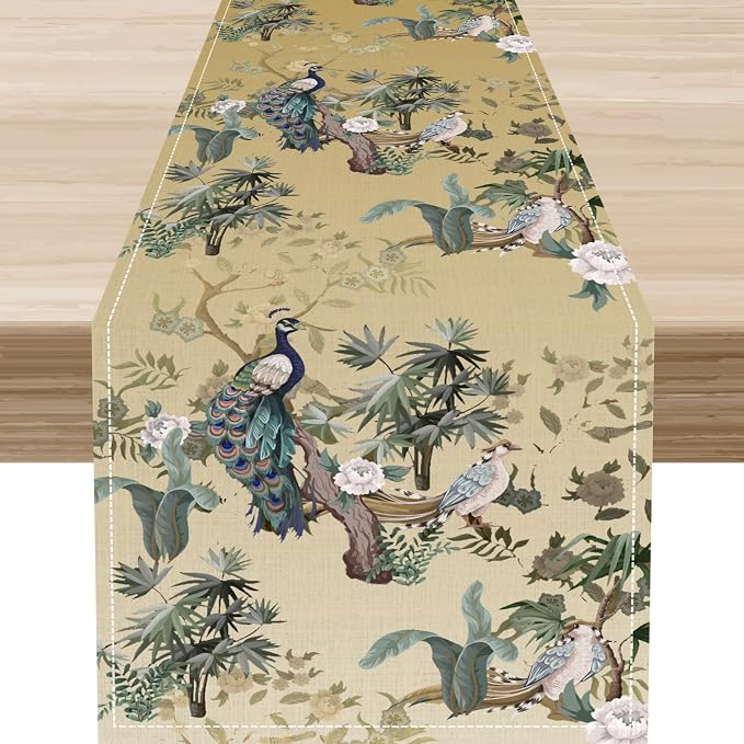 Asian Table Runner, Ruatic Traditionla Chinese Style Penoy Floral Branch Table by Unknown