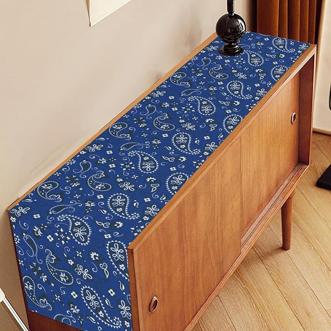 Blue Paisley Table Runner, Vintage Damask Antique Floral Flower Boho Damask - Image 3