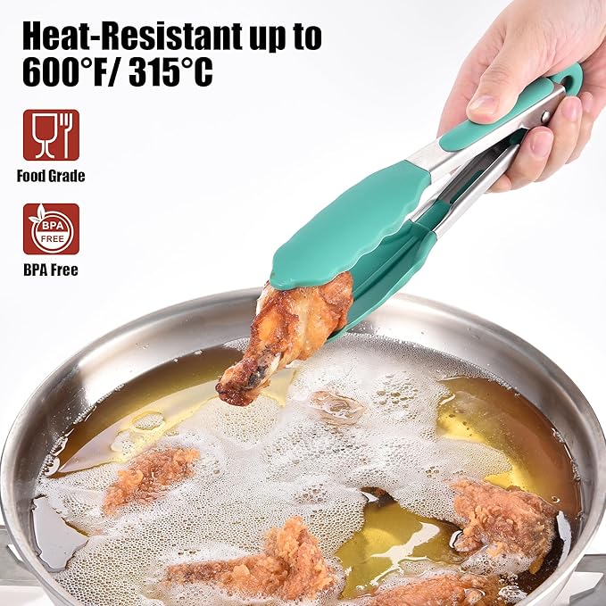 Tongs with Silicone Tips, 10.51-Inch Stainless Steel Locking Tongs, Aqua Sky