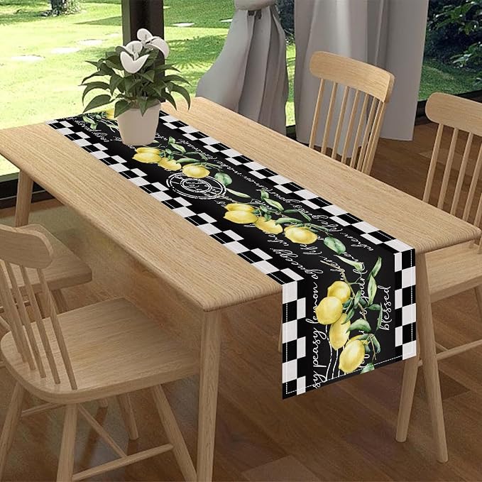 Lemon Table Runner, Farmhouse Black Buffalo Plaid Seasonal Summer Spring Fruits - Image 2