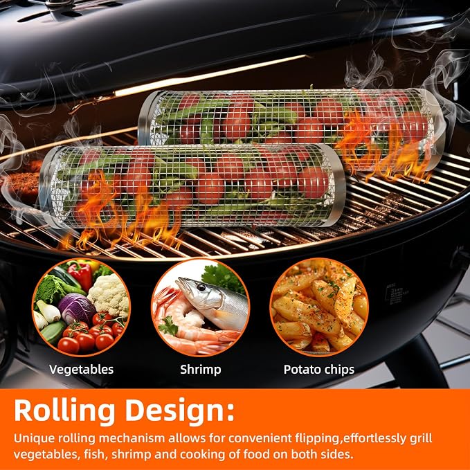 2PCS Grill Basket, Vegetable Grill Basket, Rolling Grill baskets - Image 3
