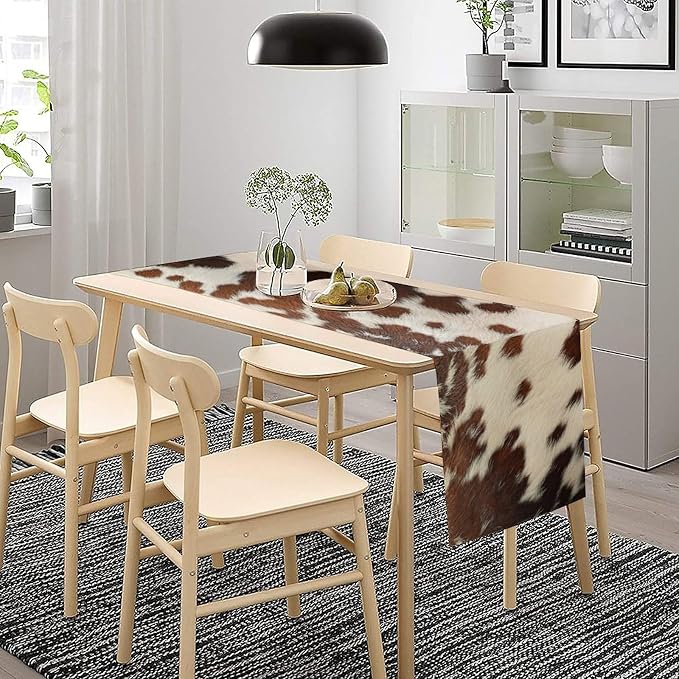 Cow Print Table Runner, Western White Brown Cowhide Rustic Coffee Table Runner - Image 2