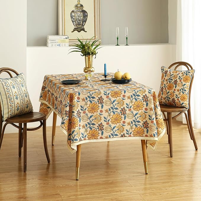 ISAENNE Designer Bohemian Floral Long Rectangle Table Cloth, Linen Colorful - Image 9