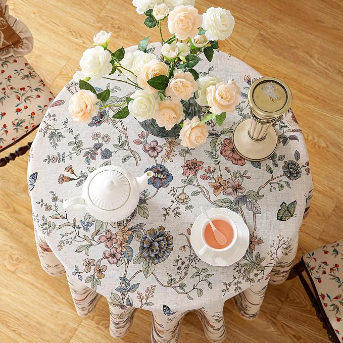 ISAENNE Designer French Light Beige Small Round Tablecloth, Linen Florals and - Image 3