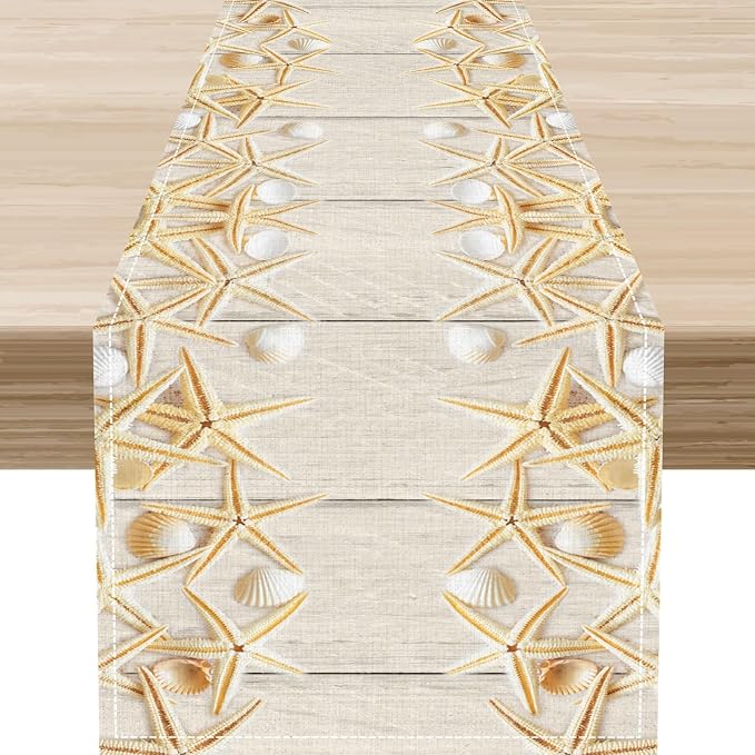 Summer Table Runner, Rustic Wood Plank Beach Starfish Seashells Coastal by Unknown