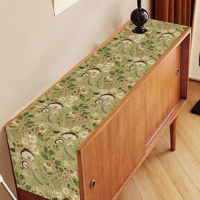 Mushroom Table Runner, Rustic Farmhouse Forest Plants Botanical Country Green - Image 2