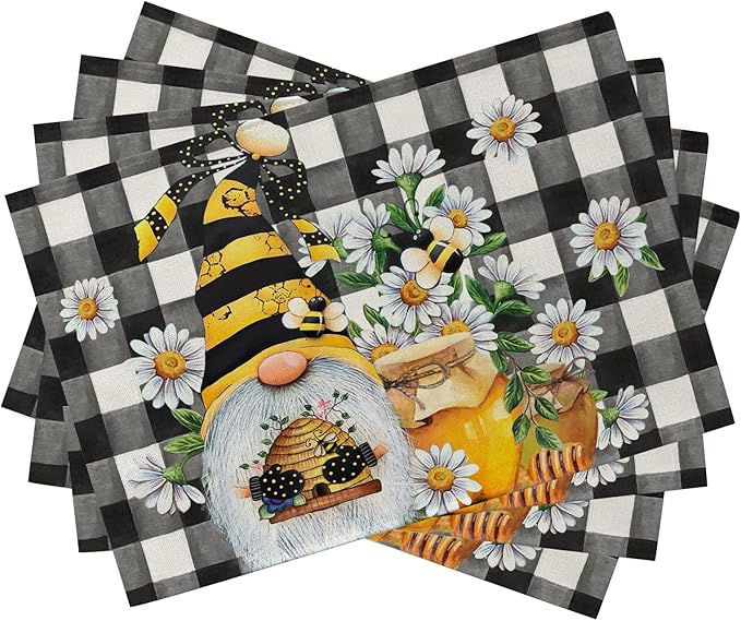 Seliem Spring Bee Gnome Daisy Placemats Set of 4, Honey Black White Buffalo by Seliem