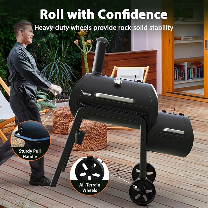 Brand-Man Charcoal Grill Offset Smoker, Heavy-Duty Barrel BBQ Grill Smoker Combo - Image 8