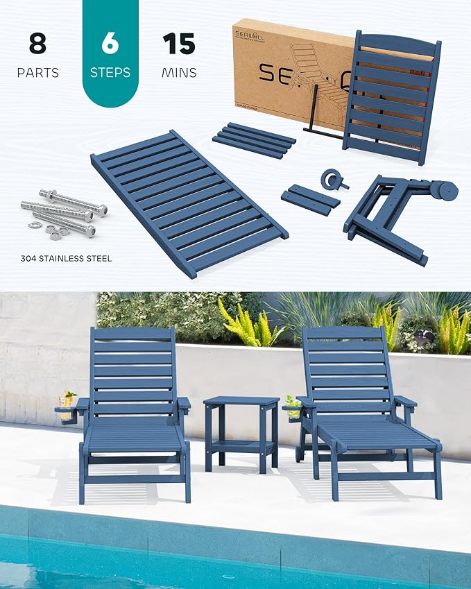 SERWALL Patio Chaise Lounge Chair, Poly Lounge Chair - Image 5
