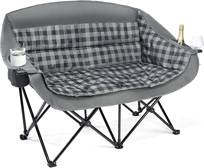 Camping Chair for Two, Padded Grey Loveseat with Cup Holders