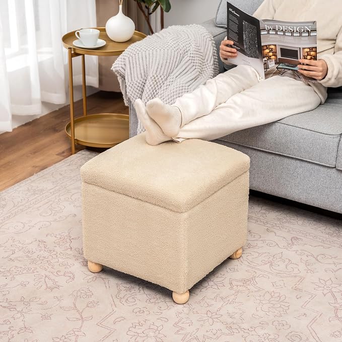 Adeco 17 Inch Soft Oatmeal Cube Ottoman Storage, Teddy Velvet Chair Foot Stools - Image 6