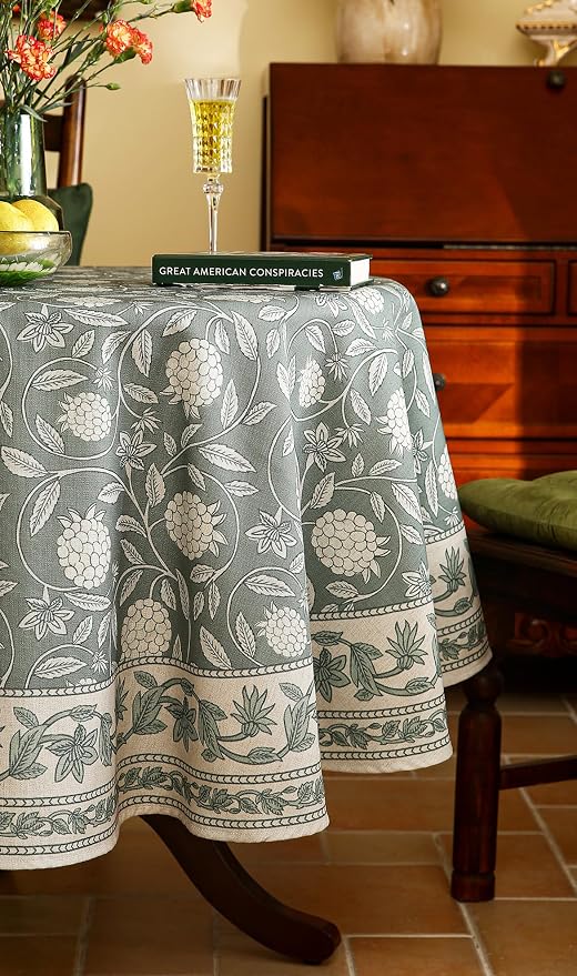 ISAENNE Designer Grayish Green Linen Small Round Tablecloth, Floral Stain - Image 7