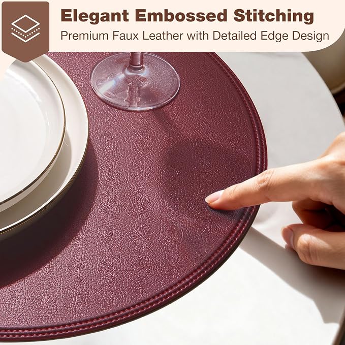 Round Vinyl Burgundy Placemats Set of 6, Faux Leather Waterproof Wipeable Heat - Image 2