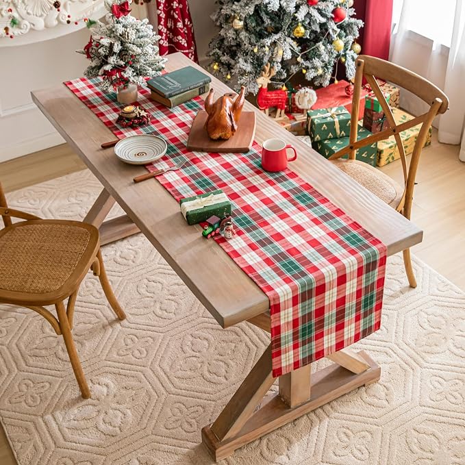 Red Gold Plaid Christmas Table Runner, Winter Holiday Table Runners 108 inches - Image 3