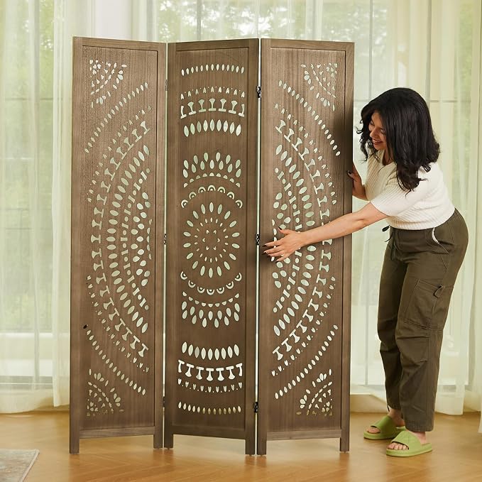 Room Divider Wood Carved Wall Divider Indoor Folding Bohemian Style Portable by Svimi