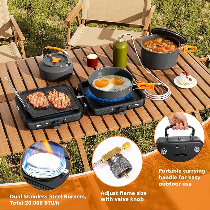 Hisencn Camping Stove, 2 Burner Propane Stove, 20000 BTU/h Camping Cooking set - Image 4