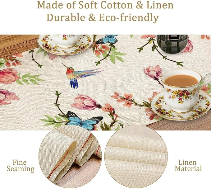 Spring Flower Table Runner, Seasonal Rustic Garden Flowers Bird Butterfly Print - Image 6