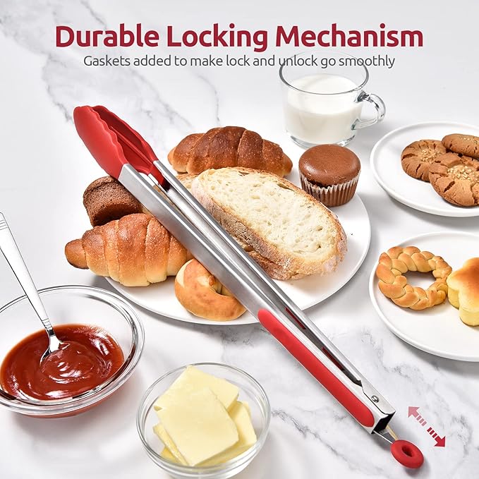 Tongs, 16-Inch Red Locking Grill Tongs with Silicone Tips