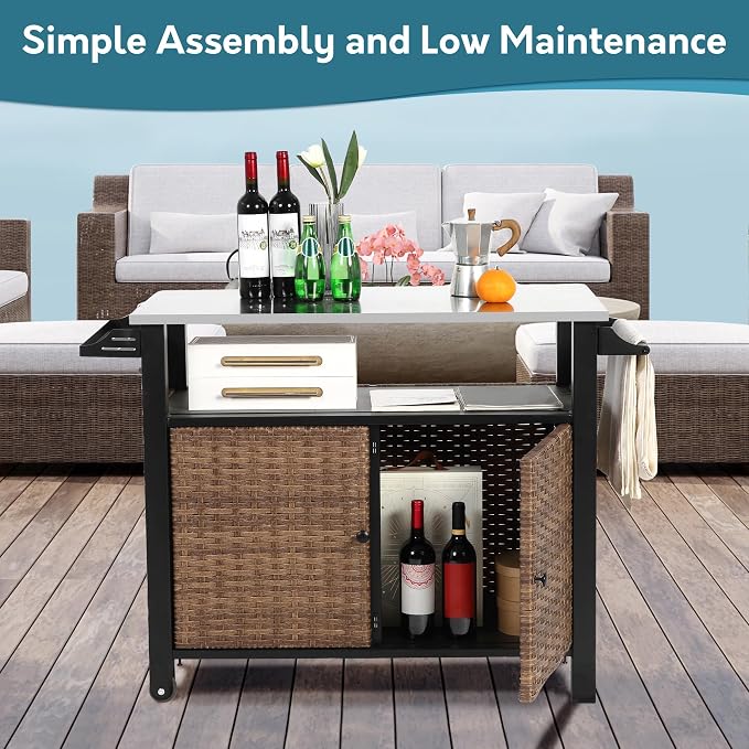 Patio Grill Cart with Wicker Storage, Outdoor Kitchen Island Serving Cart with - Image 7