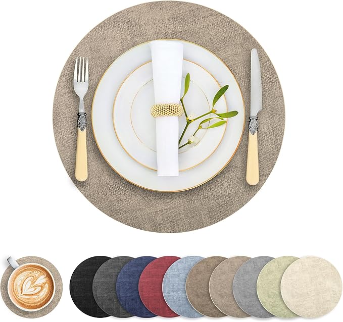 Round Faux Leather Placemats and Coasters, Reversible Heat Resistant Non-Slip by LANDVIEW