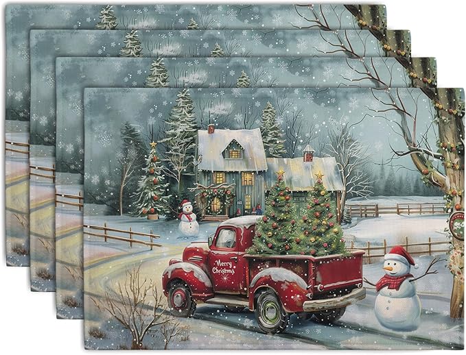 Red Truck Xmas Tree Snowman Christmas Placemats Set of 4 Winter Snowflake by Wnoesat