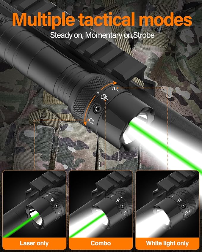 TOUGHSOUL M-Rail Green Laser Tactical Flashlight 1250 Lumens, Rechargeable - Image 3