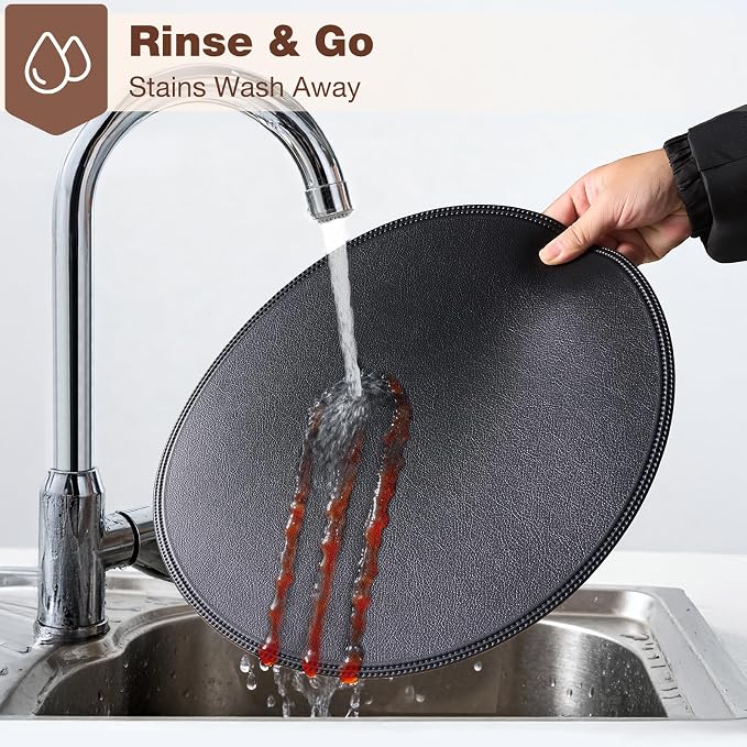 Round Vinyl Black Placemats Set of 6, Faux Leather Waterproof Wipeable Heat - Image 7