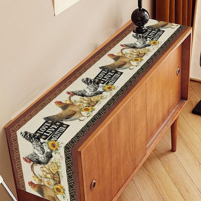 Farmhouse Rooster Table Runner, Rustic Vintage Chicken Egg Sunflower Floral Cow - Image 3