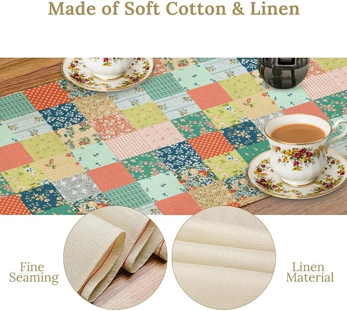 Boho Floral Patchwork Table Runner, Colorful Flower Print Rustic Farmhouse - Image 4