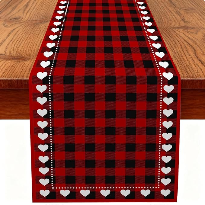 Valentine’s Day Love Heart Red Black Buffalo Plaid Table Runner 13x72 Inch by Potanhugie