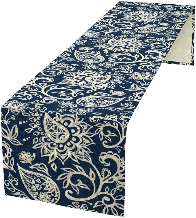 Blue Paisley Table Runner, Vintage Damask Antique Floral Flower Boho Damask - Image 6