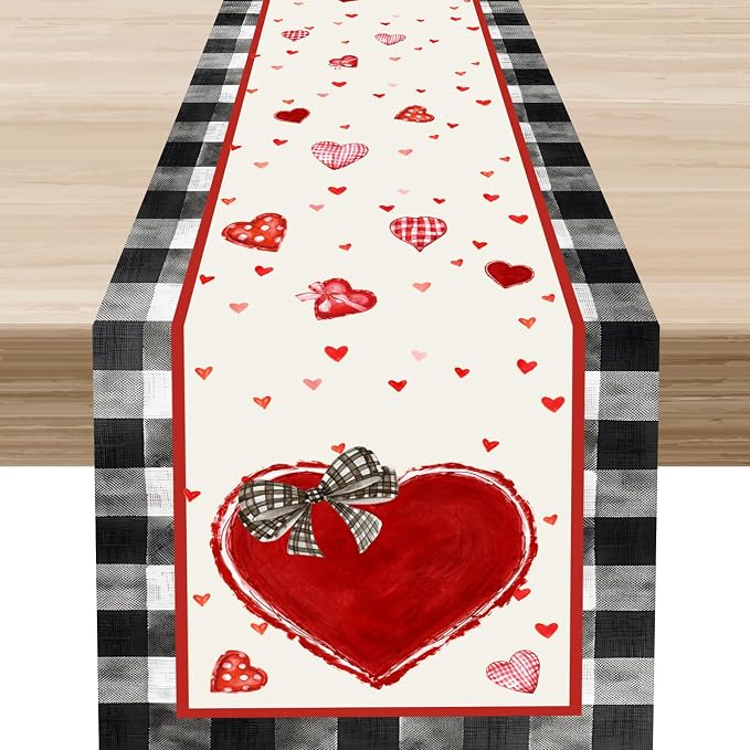 Valentines Day Table Runner, Vintage Red Black Heart Buffalo Plaid Valentines by Unknown
