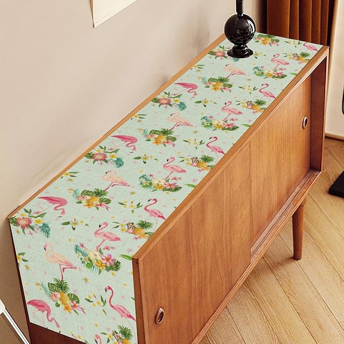 Tropical Flamingo Table Runner, Spring Summer Floral Dots Pineapples Hawaiian - Image 2