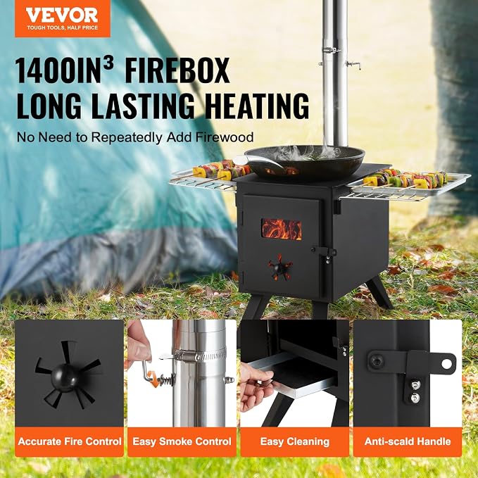 VEVOR Camping Wood Stove Alloy Steel Camping Tent Stove, Portable Wood Burning - Image 2