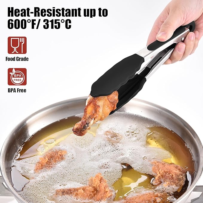 Kitchen Tongs with Silicone Tips, Locking Design, 600°F Heat Resistant