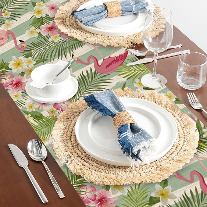 Flamingo Palm Leaf Hibiscus Table Runner Dresser Scarves Seasonal Linen - Image 5